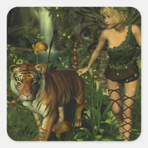 Sticker Carré Fée et tigre dans la jungle