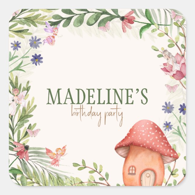 Sticker Carré Fée Forêt Enchantée Champignons Verdure Floral (Devant)