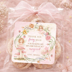 Sticker Carré Fée Magique Florale Rose Fille Anniversaire Jardin