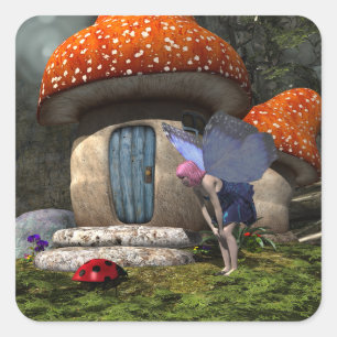 Sticker Carré Fée mignonne à cheveux roses rencontre Ladybug