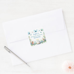 Sticker Carré Fée Papillon Pastel Bleu Premier Anniversaire -