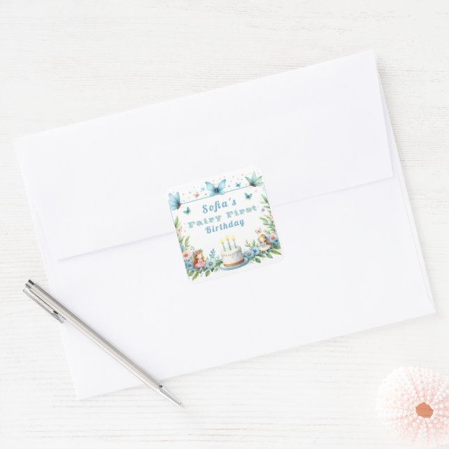 Sticker Carré Fée Papillon Pastel Bleu Premier Anniversaire - (Enveloppe)