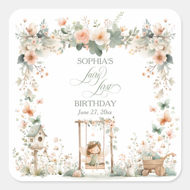 Sticker Carré Fée Première Fête d'anniversaire de fille (Devant)