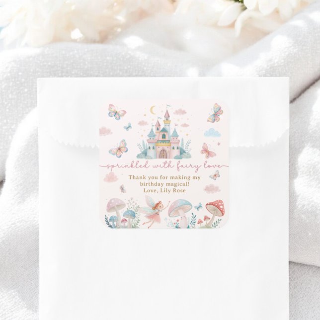 Sticker Carré Fée Whimsical 1er anniversaire Merci (Whimsical Fairy 1st Birthday Thank You Square Sticker)