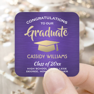 Sticker Carré Félicitations Brossé Purple et Gold Graduation