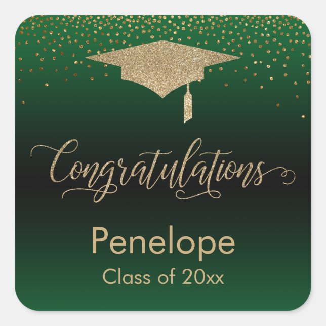 Sticker Carré Félicitations Gold Confetti Graduation Green (Devant)