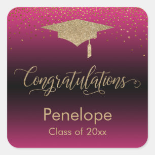 Sticker Carré Félicitations Gold Confetti Graduation Hot Pink