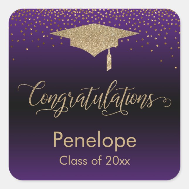 Sticker Carré Félicitations Gold Confetti Graduation Purple (Devant)