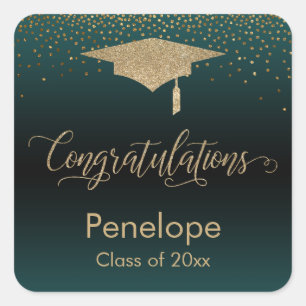 Sticker Carré Félicitations Gold Confetti Graduation Turquoise