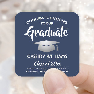 Sticker Carré Félicitations Marine Blue White Silver Graduation