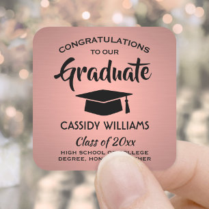 Sticker Carré Félicitations Pink Rose Gold & Black Graduation