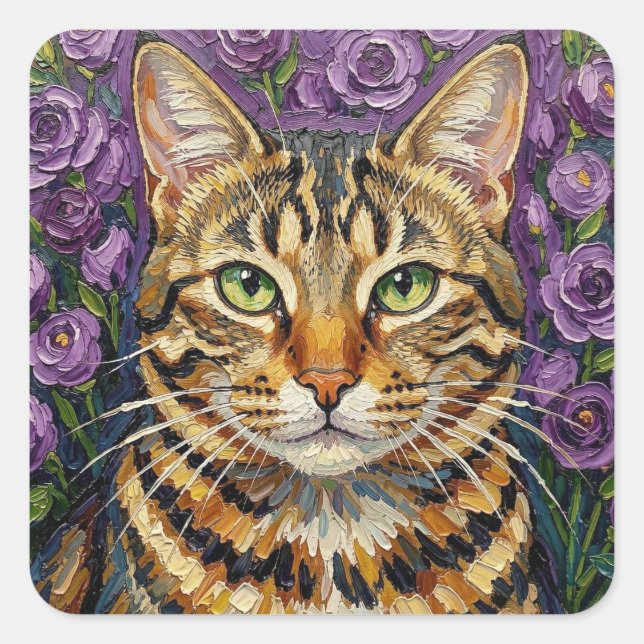 Sticker Carré Feline and Floral | Cute Artistic Gray Tabby Cat (Devant)