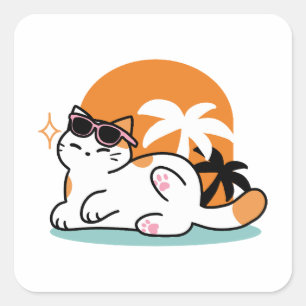 Sticker Carré Feline fin au soleil - Chat Tropical relaxé