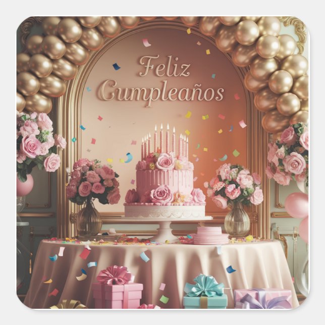 Sticker Carré “Feliz Cumpleaños” Elegant Pink & Gold Birthday  (Devant)