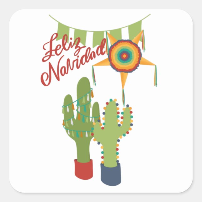 Sticker Carré Feliz Navidad carte de vacances avec cactus décoré (Devant)