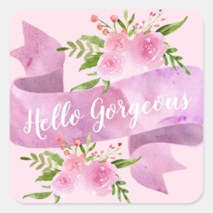 Sticker Carré Féminin Chic Fleur Rose pâle Bonjour Magnifique