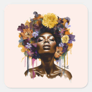 Sticker Carré Femme afro-américaine aux cheveux noirs floraux (3