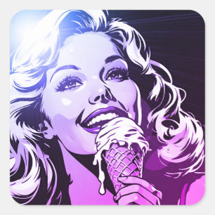 Sticker Carré Femme appréciant sa glace bleu violet magenta