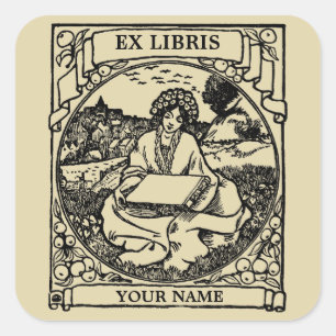 Sticker Carré Femme Art Nouveau dans un champ lisant un livre Ex