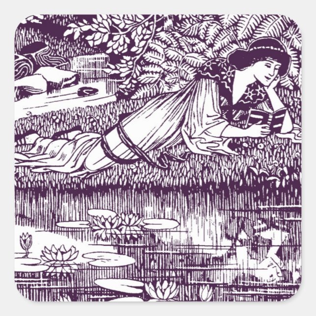 Sticker Carré Femme Art nouveau lisant près d'un étang aux nénup (Devant)