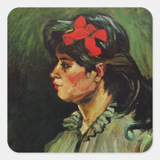 Sticker Carré Femme au ruban rouge Portrait par Vincent van Gogh (Devant)