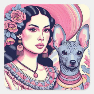 Sticker Carré Femme avec son Xolo Mexicaine Chien sans cheveux