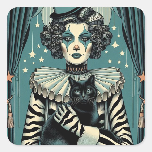Sticker Carré Femme clown de cirque et chat noir (Devant)