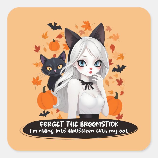 Sticker Carré Femme d'Anime avec chat noir. (Devant)