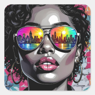 Sticker Carré Femme de bande dessinée cool dans la ville avec de