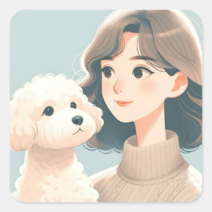 Sticker Carré Femme de dessin moderne et son chien Bichon Frisé