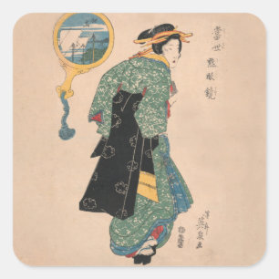 Sticker Carré Femme de kimono japonais antique Ukiyo-e gravure s