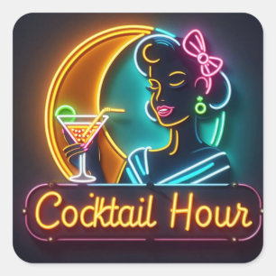 Sticker Carré Femme de l'heure du cocktail au néon du milieu du 