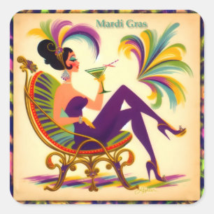 Sticker Carré Femme de Mardi Gras du milieu du siècle avec un Ma