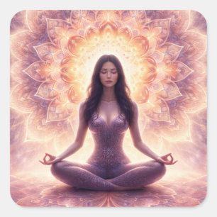 Sticker Carré Femme de méditation mandala lumineux Nom personnal