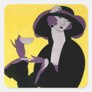 Sticker Carré Femme Élégante Vintage Buvant un Thé de l'Après-Mi