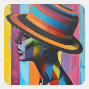 Sticker Carré Femme en Casquette coloré 4 silhouette frappante