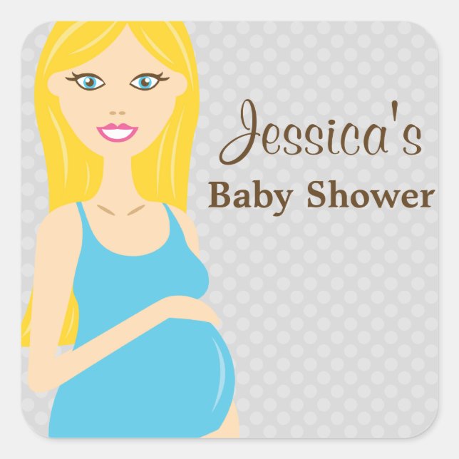 Sticker Carré Femme Enceinte Blonde En Baby shower Robe Bleue (Devant)