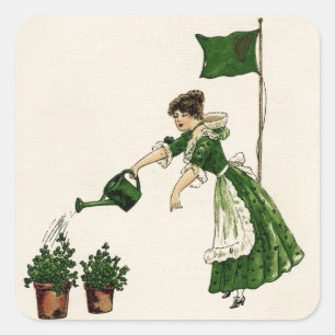 Sticker Carré Femme et Shamrocks en pots Vintages St. Patrick's 