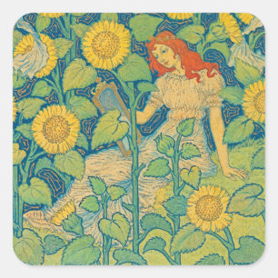 Sticker Carré Femme-fille de fleurs dans le jardin de tournesol