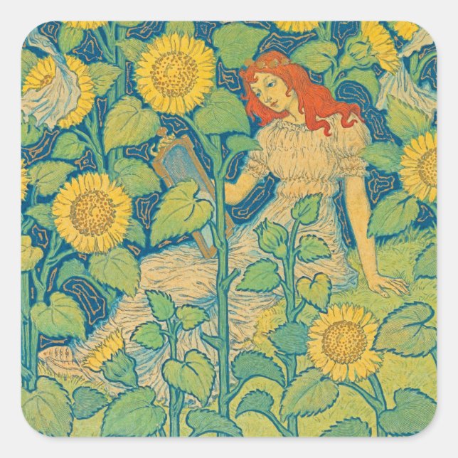 Sticker Carré Femme-fille de fleurs dans le jardin de tournesol (Devant)