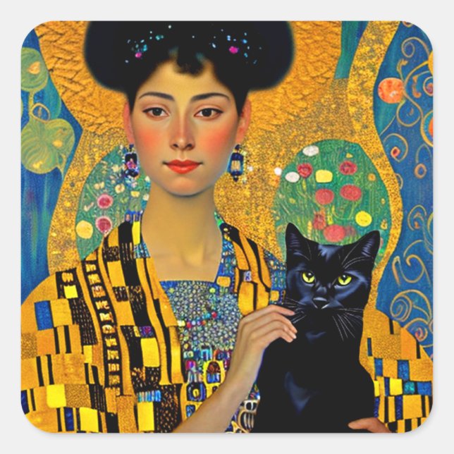 Sticker Carré Femme klimptesque et chat noir (Devant)