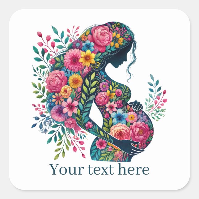 Sticker Carré Femme mignonne enceinte maman ajouter un texte (Devant)