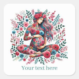 Sticker Carré Femme mignonne enceinte maman ajouter un texte