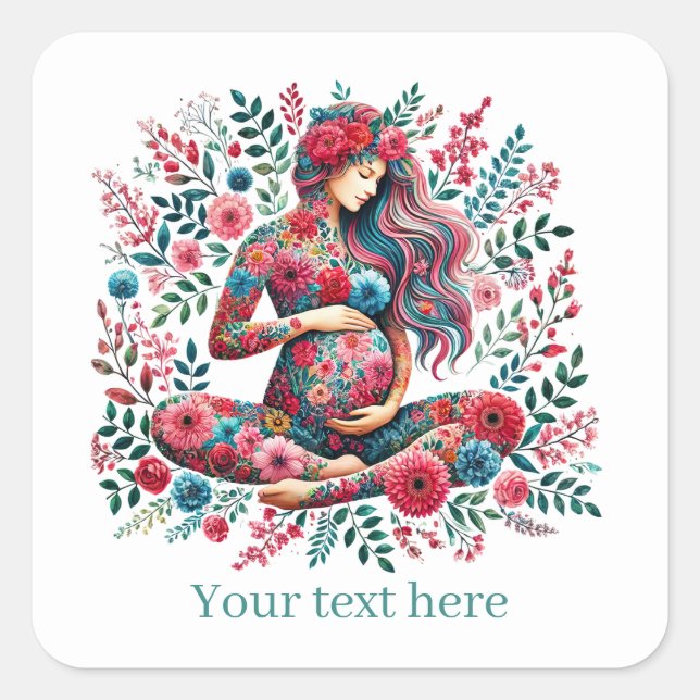 Sticker Carré Femme mignonne enceinte maman ajouter un texte (Devant)