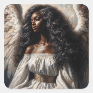 Sticker Carré Femme noire ange avec cheveux longs
