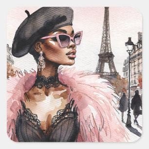 Sticker Carré Femme noire chic parisienne en aquarelle