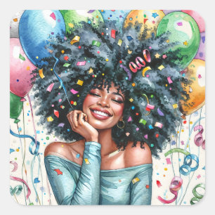 Sticker Carré Femme noire de la fête avec ballons aquarelle