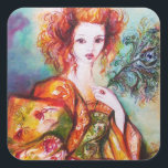 STICKER CARRÉ FEMME ROMANTIQUE AVEC PÂTE DE PEACOCK ÉCLANTE<br><div class="desc">Peinture contemporaine originale aquarelle avec feuille d'or et couleurs irisées en vert clair, orange jaune, turquoise, turquase, blanc.Elégante, belle femme brune sophistiquée, rouge, vert brillant d'or tissus d'un costume baroque avec plumes paon.Peinture de Bulgan Lumini (c).Cette carte cool et artistique est parfaite pour les mariages, douches nuptiales, 16, fêtes d'anniversaire...</div>