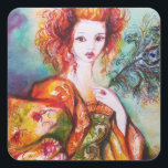 STICKER CARRÉ FEMME ROMANTIQUE AVEC PÂTE DE PEACOCK ÉCLANTE<br><div class="desc">Peinture contemporaine originale aquarelle avec feuille d'or et couleurs irisées en vert clair, orange jaune, turquoise, turquase, blanc.Elégante, belle femme brune sophistiquée, rouge, vert brillant d'or tissus d'un costume baroque avec plumes paon.Peinture de Bulgan Lumini (c).Cette carte cool et artistique est parfaite pour les mariages, douches nuptiales, 16, fêtes d'anniversaire...</div>