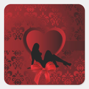 Sticker Carré Femme romantique sur damassé rouge